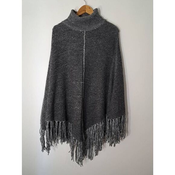 Zara womens medium mock neck poncho fringe wool cotton heathered gray SOFT - Picture 1 of 9